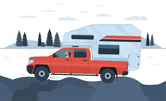 Motorhome driving on a mountain road against the background of an abstract landscape. Vector illustration.