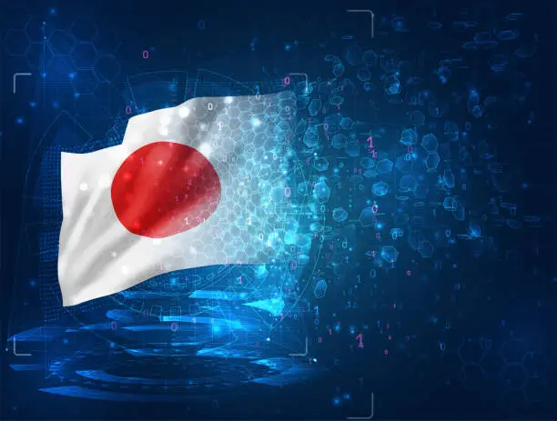 Vector illustration of vector 3d flag on blue background with hud interfaces, Japan