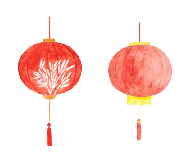Watercolor traditional Chinese lanterns Set of two watercolor traditional Chinese lanterns. Vector illustration for decoration in the Chinese New Year festival. watercolor lantern set stock illustrations
