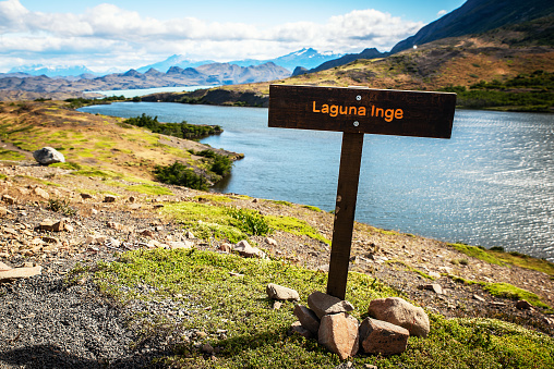Viewpoint Laguna Inge sign on the trek in Torres del Paine national park in Patagonia, Chile
