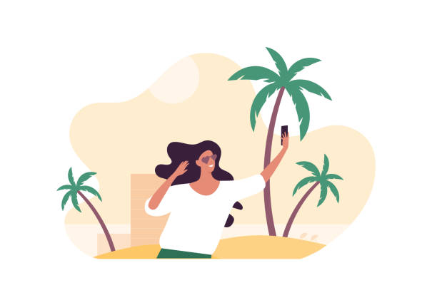 Tourism and holiday vacation concept. Vector flat people illustration. Female in heart shape glasses make selfie on beach with palm background. vector art illustration