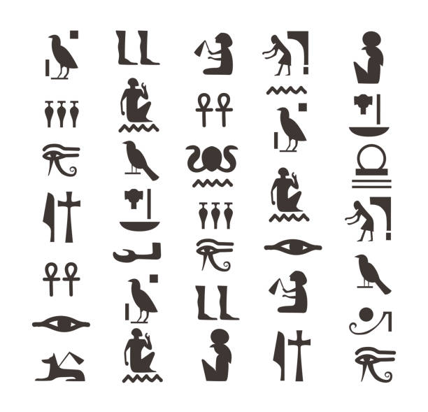 schwarze ägypter hieroglyphen. hieroglyphe des alten ägypten, muster vektorbuchstaben. illustration antiker symbole, schwarz, hieroglyphenzeichen geschichte - hieroglyphenschrift stock-grafiken, -clipart, -cartoons und -symbole