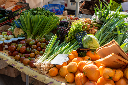 Fresh vegetables for sale on market stall\nDubrovnik, Croatia