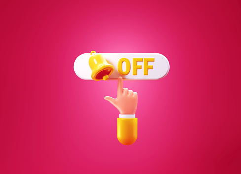 Cartoon style human hand clicking on a white computer button behind a yellow notification icon on pink background. Off reads on push button. Horizontal composition with copy space.