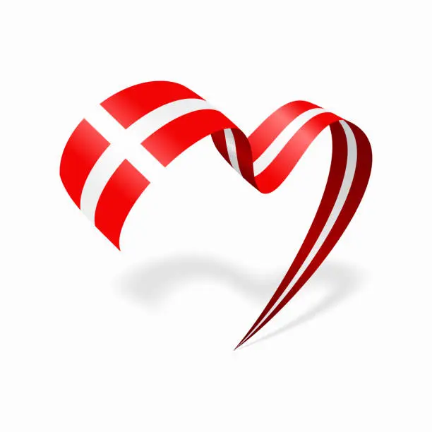 Vector illustration of Danish flag heart shaped ribbon. Vector illustration.