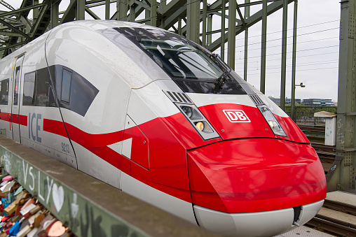 July 2021, Germany: modern green ICE train close up. Germany ice regional speed train. DB