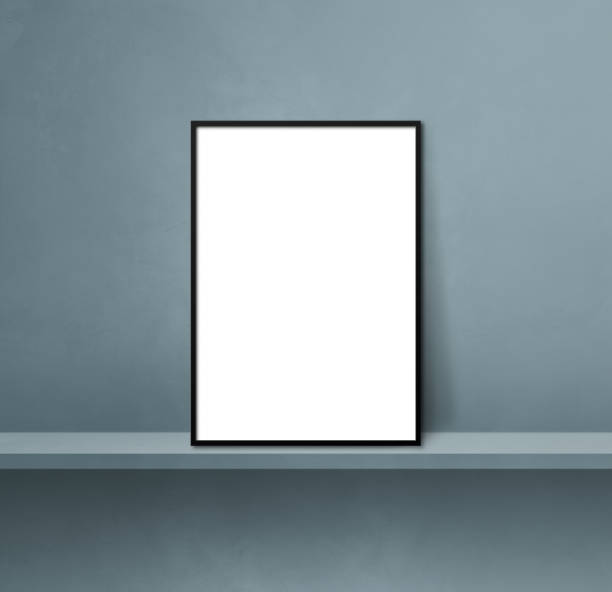 istock Black picture frame leaning on a grey shelf. 3d illustration. Square background 1364177975