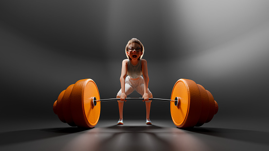 Cheeky little girl with short hair. Try your best to lift orange weights in dark room. light shine from the side and back. 3D Render.