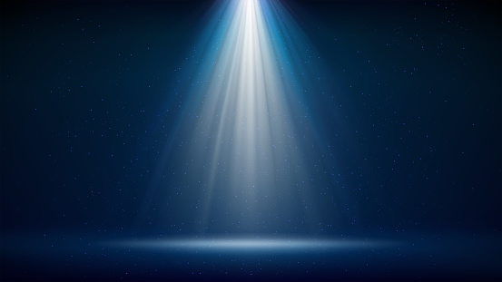 Spotlight background. Illuminated blue stage. Divine radiance. Backdrop for displaying products. Bright beams of spotlights, shimmering glittering particles, a spot of light. Vector illustration