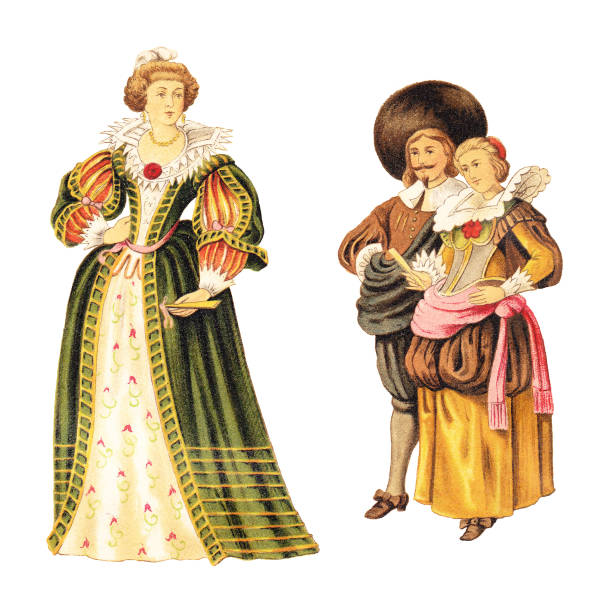 프랑스 귀족과 네덜란드 귀족과 귀족 (1640-1650) - 빈티지 일러스트 - past women old fashioned couple stock illustrations