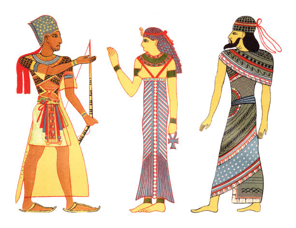 ilustraciones, imágenes clip art, dibujos animados e iconos de stock de antiguo rey y reina egipcios y antiguos asirios (antiguo egipto) - ilustración vintage - traje de reina egipcia