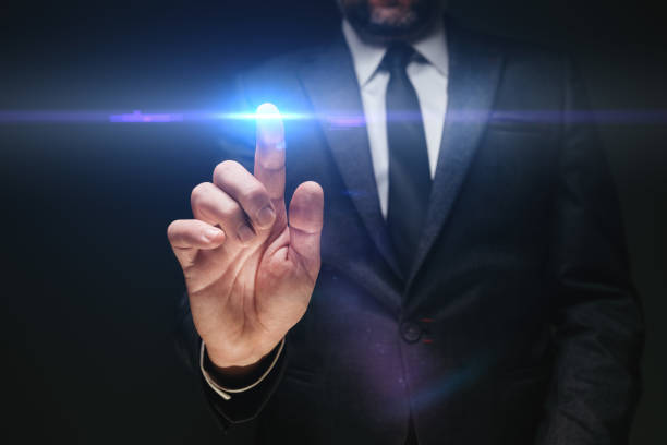 istock Business technology innovation concept, businessman pressing virtual screen button with copy space 1364181688