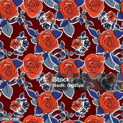 istock Heirloom roses seamless pattern. Trend fashion retro style flowers pattern. Vector design nature pattern in line style. 1364181882