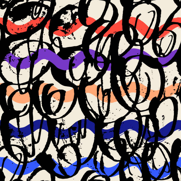 Vector seamless scribble pattern, made of chaotic lines. Black and white colors surface design with neon waves. Vector seamless scribble pattern, made of chaotic lines. brush stroke alphabet stock illustrations