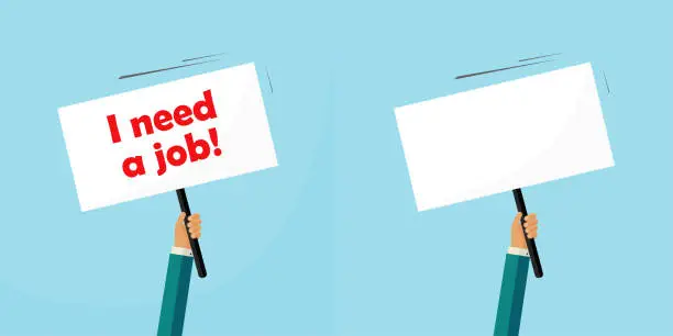 Vector illustration of Sign board placard protest banner vector holding hand blank empty and need a job announcement signboard picket in unemployed man person flat cartoon vector illustration, activism action idea