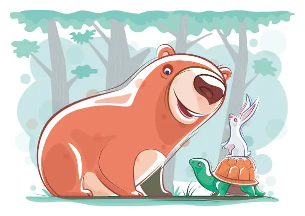 Vector illustration of bear meeting rabbit and tortoise
