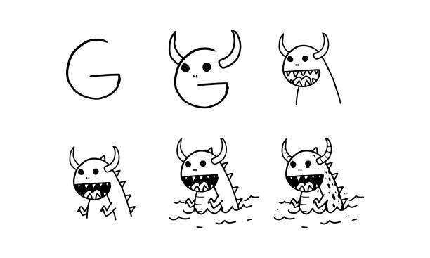 how to draw a cute Godzilla from G step by step easy and fun activity for kids development and creativity. tutorial of drawing animal and object from alphabet series in vector illustration. godzilla vector stock illustrations