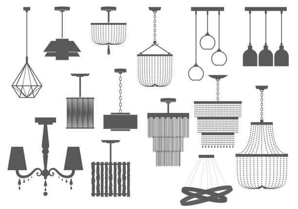 illustrazioni stock, clip art, cartoni animati e icone di tendenza di set di lampadari classici e moderni. siluetta delle lampade. illustrazione vettoriale - chandelier