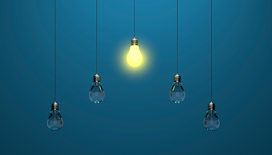 Light bulb idea. 3d render light bulb shines next to the extinguished ones. Leadership, inspiration, right decision and energy saving concept. High quality 3d illustration