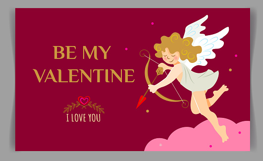 Valentine's day poster or card with cute cupid and pink cloud on dark red background.