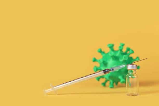 Corona vaccine vial with syringe and virus model Corona vaccine vial with syringe and virus model in background on yellow background with copy space crista ampullaris photos stock pictures, royalty-free photos & images