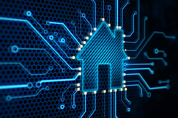 Abstract glowing house chip hologram on dark background. Smart home, ai and information concept. 3D Rendering. stock photo