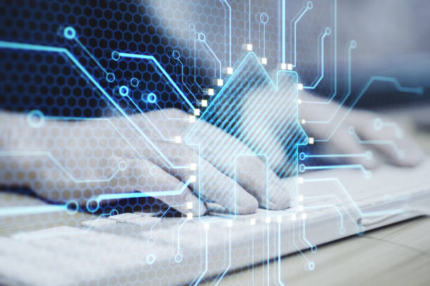 istock Close up of hands using keyboard with abstract glowing house chip hologram on blurry background. Smart home, ai and information concept. Double exposure. 1364192808
