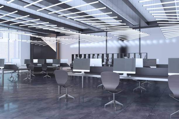 istock Contemporary concrete coworking office interior with window and bright city view, empty computer screens, equipment, furniture and daylight. 3D Rendering. 1364192884