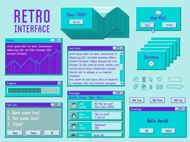 Vector illustration of Retro interface elements. Vintage pc window, computer user desktop. Digital 90s software template, old trendy cyber internet design. Web technology recent vector set