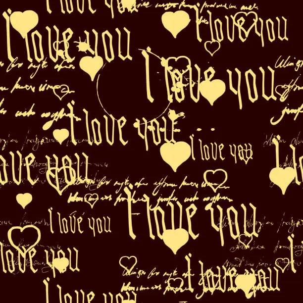 Vector illustration of Seamless pattern Gothic Text I love you, hand written words.Sketch, doodle, lettering, hearts, happy valentines day. Vector illustration pink background