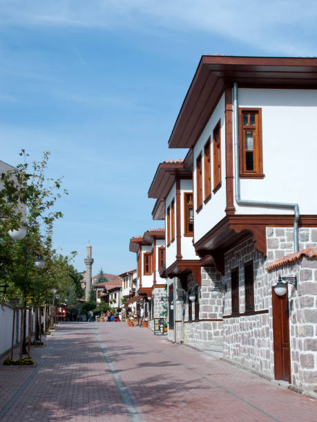 A view of a street with traditional Turkish houses in Ankara, Turkey.