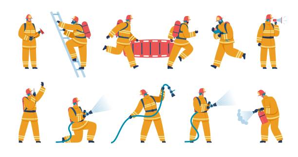 illustrazioni stock, clip art, cartoni animati e icone di tendenza di personaggi dei vigili del fuoco in uniforme, pompieri con attrezzature antincendio. vigili del fuoco salvano il bambino, spegnendo l'incendio usando il set di tubi vettoriali - vigile del fuoco