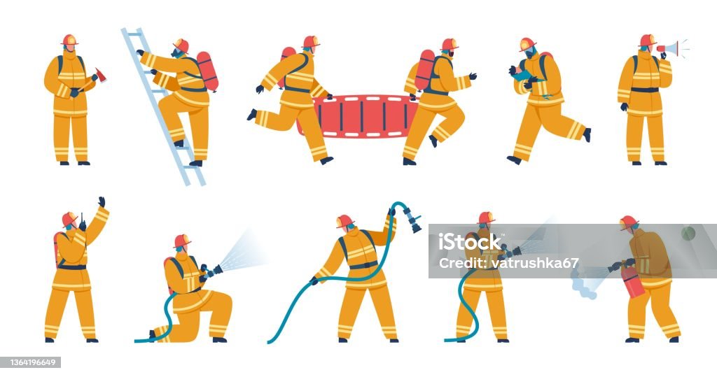 Firefighter characters in uniform, firemen with firefighting equipment. Firefighters saving child, putting out fire using hose vector set - Royalty-free Brandweerman vectorkunst