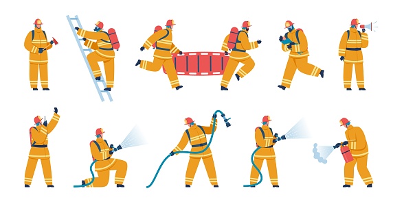 Firefighter characters in uniform, firemen with firefighting equipment. Firefighters saving child, putting out fire using hose vector set