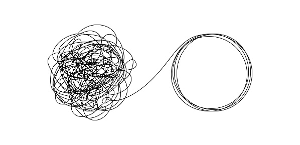 Chaotically tangled line and untied knot in form of circle. Psychotherapy concept of solving problems is easy. Unravels chaos and mess difficult situation. Doodle vector illustration.