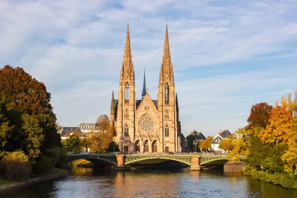 Saint-Paul church at Ill river water Alsace in Strasbourg France city