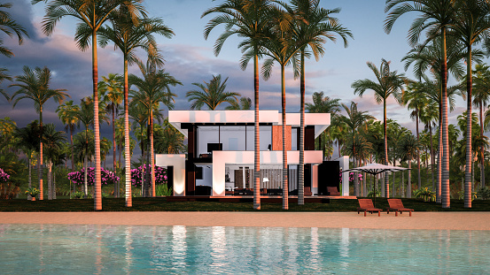 3d rendering of modern cozy house with pool and parking for sale or rent in luxurious style by the sea or ocean. Sunset evening by the azure coast with palm trees and flowers in tropical island