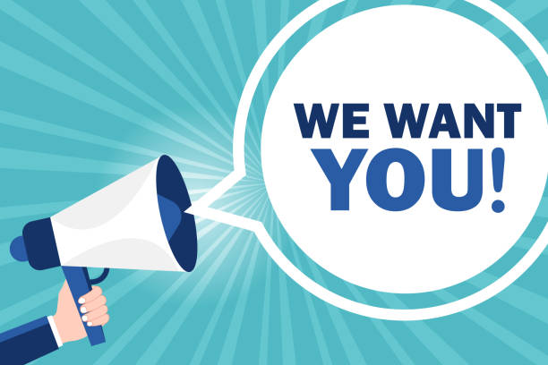 istock Hand holding megaphone with we want you speech bubble. Banner for business 1364200693