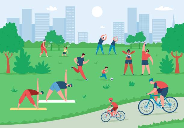 여름 도시 공원에서 운동하고 야외에서 스포츠를하는 사람들. 자전거를 타고, 요가를하고, 축구 벡터 일러스트를 연주하는 활동적인 캐릭터 - 공원 일러스트 stock illustrations