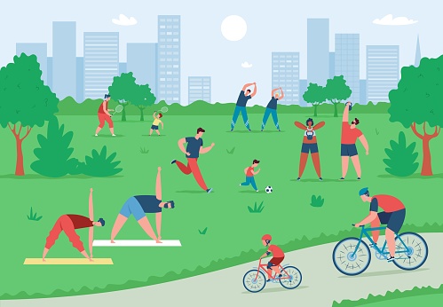 People exercising and doing sports outdoor in summer city park. Active characters riding bikes, doing yoga, playing football vector illustration. Family leading healthy lifestyle together