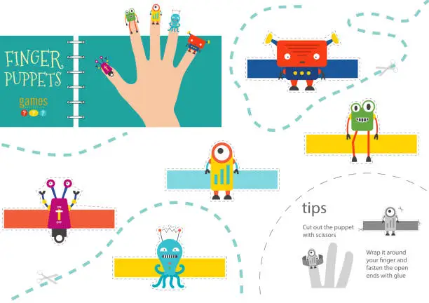 Vector illustration of Vector robotics as finger puppets. Cut and glue activity for preschool kids