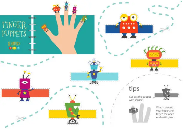 Vector illustration of Vector robotics as finger puppets. Cut and glue activity for preschool kids