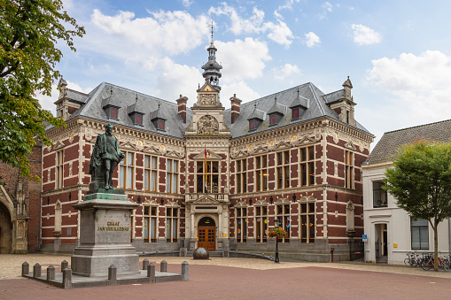 Leuven, Belgium - March 07, 2015: Lawn and front view of Castle Arenberg, now being used as the main building of the university of Leuven