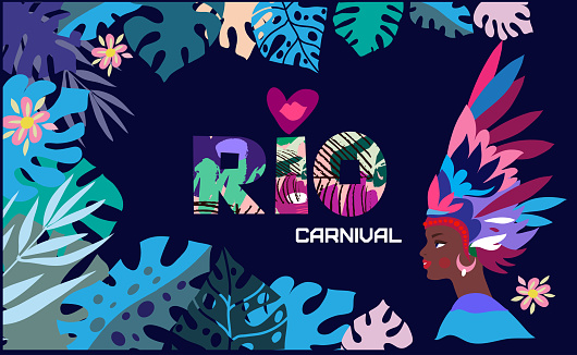Brazil Carnival Latin Woman Wear Costume Traditional. Cartoon lettering  Vector illustration. For poster, card, web, invitation.