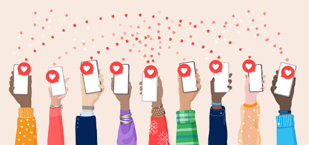 Diverse hands holding phones with heart symbol at screen Diverse male, female hands holding smartphones with heart symbol at screen. Sharing love, sending a like in social media communications, fans, followers, digital lifestyle addiction. Vector banner heart hands multicultural women stock illustrations