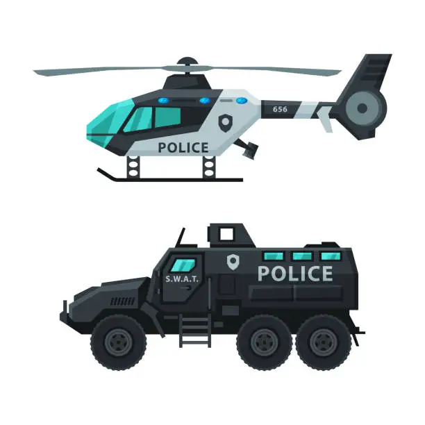 Vector illustration of Police Helicopter and Car or Patrol Car as Air and Ground Vehicle for Transportation Vector Set