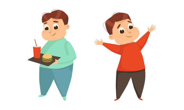 kleiner junge mit übergewichtigkeit und körperfetthaltetablett mit fast food vector set - child obesity stock-grafiken, -clipart, -cartoons und -symbole
