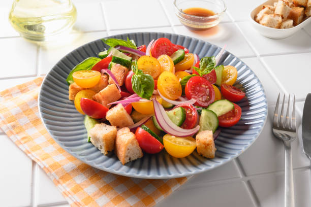 istock Tuscan Panzanella with tomatoes and bread. Top view. 1364206955