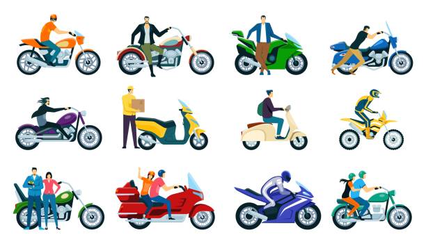 illustrations, cliparts, dessins animés et icônes de personnages conduisant des motos et des scooters, des motocyclistes. hommes et femmes conduisant des motos, livreur sur scooter vector set - motorcycle motor scooter couple young adult