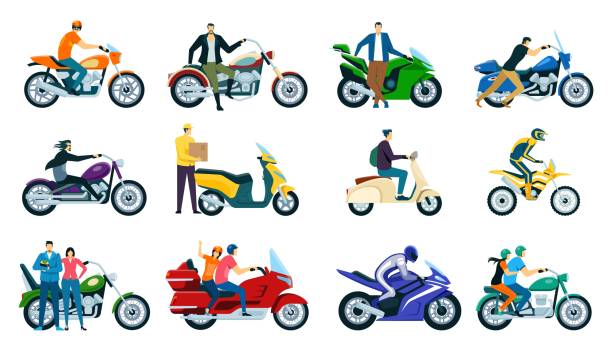 Characters riding motorcycles and scooters, motorbike riders. Men and women driving motorcycles, delivery man on scooter vector set Characters riding motorcycles and scooters, motorbike riders. Men and women driving motorcycles, delivery man on scooter vector set. People on vehicles wearing helmets, having trips motorcycle stock illustrations